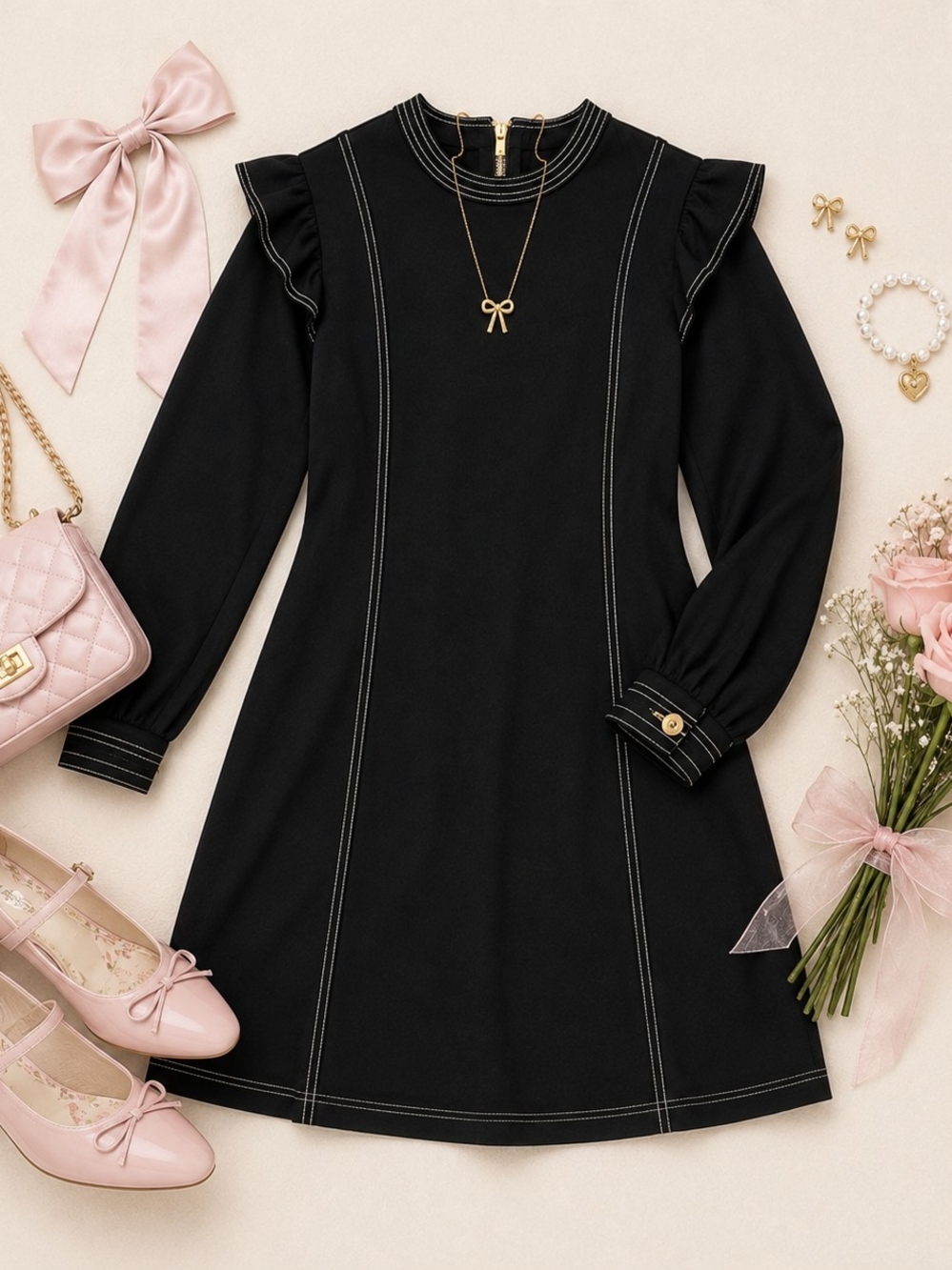 Something Navy Black Contrast Stitch Ruffle Shoulder Mini Dress Y2K Coquette